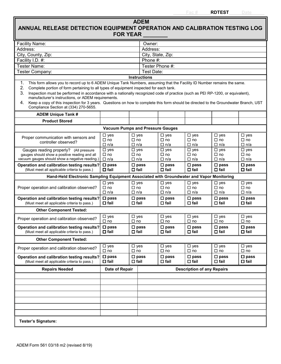 ADEM Form 561 Annual Release Detection Equipment Operation and Calibration Testing Log - Alabama, Page 1