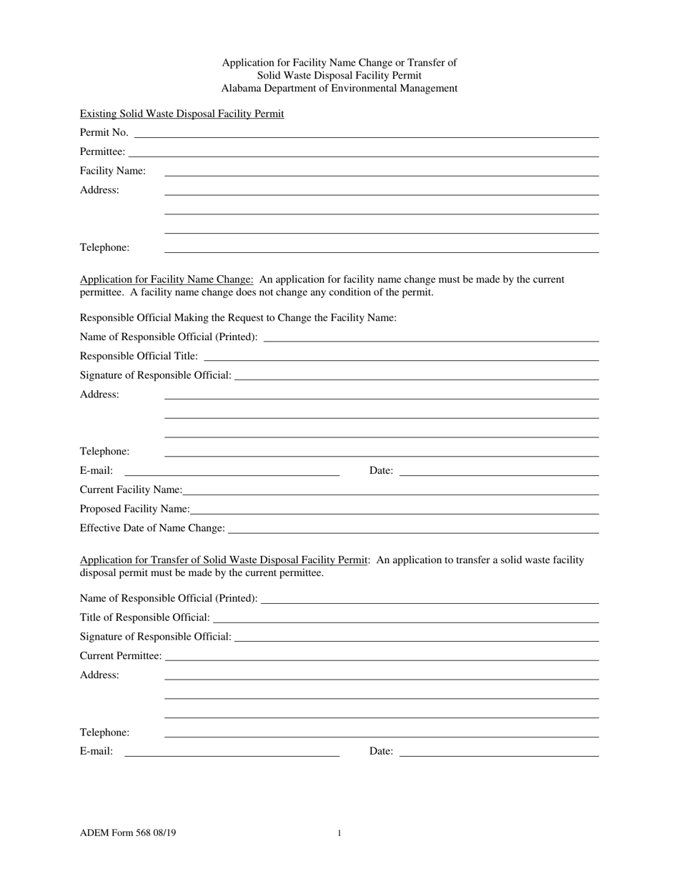 ADEM Form 568 Application for Facility Name Change or Transfer of Solid Waste Disposal Facility Permit - Alabama, Page 1
