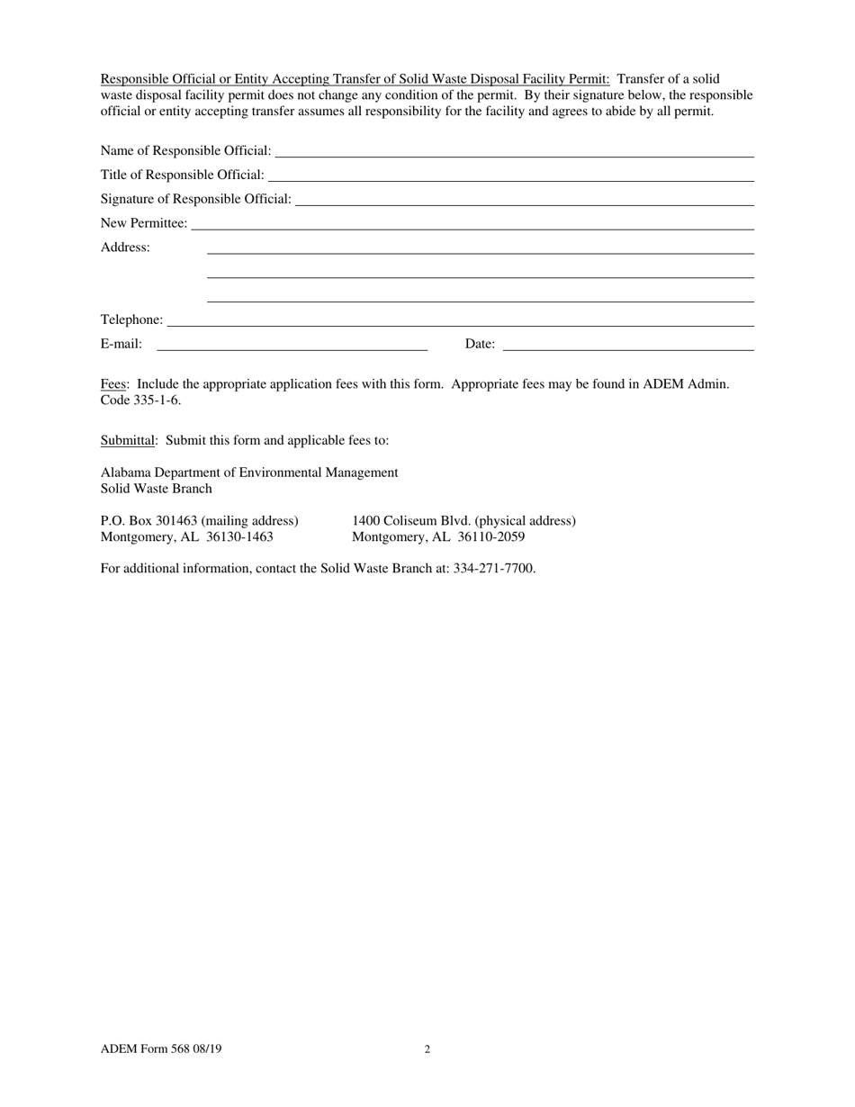 ADEM Form 568 Application for Facility Name Change or Transfer of Solid Waste Disposal Facility Permit - Alabama, Page 2