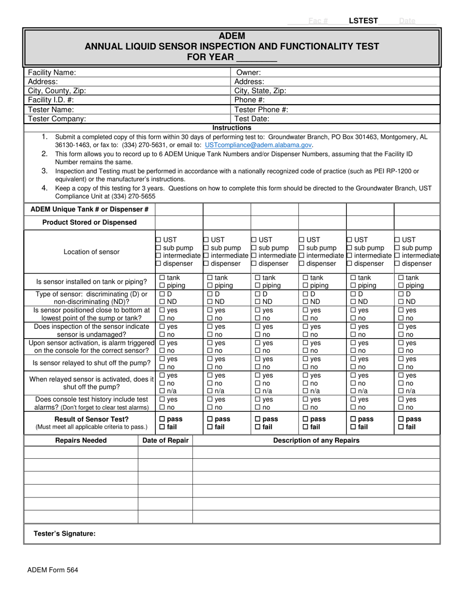 ADEM Form 564 Annual Liquid Sensor Inspection and Functionality Test - Alabama, Page 1