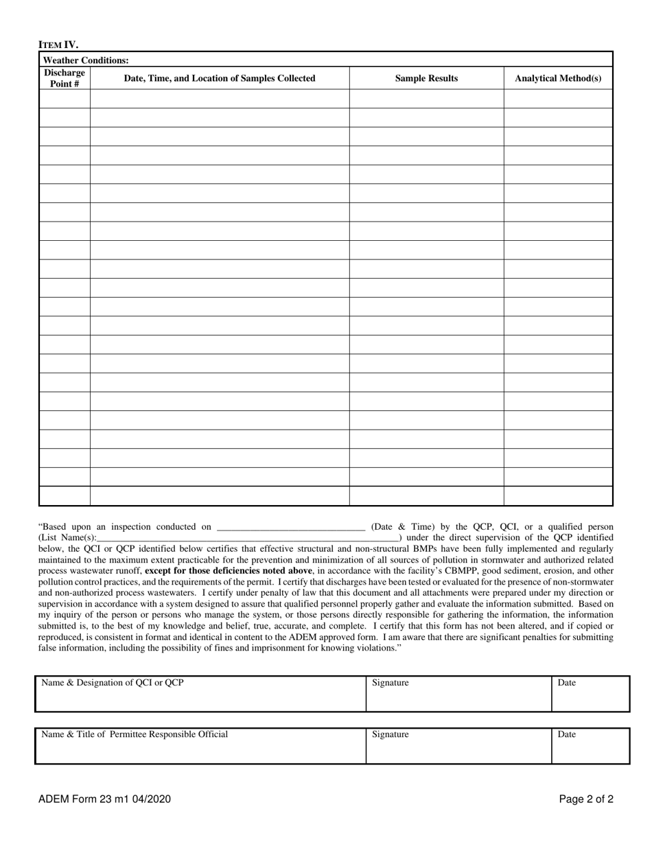 ADEM Form 23 Npdes Construction Stormwater Inspection Report and Bmp Certification - Alabama, Page 2