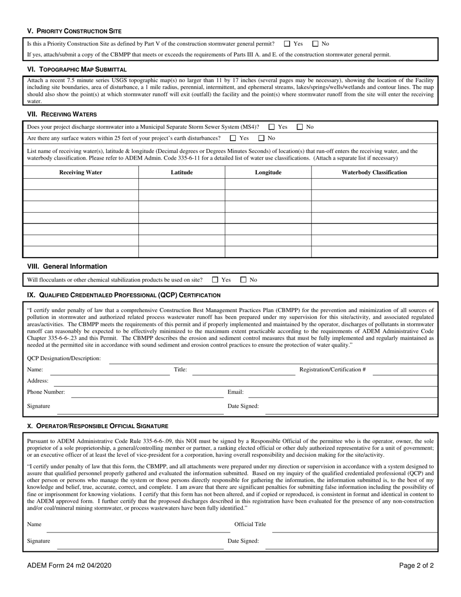 ADEM Form 24 Notice of Intent - General Permit Number Alr100000 - Alabama, Page 2