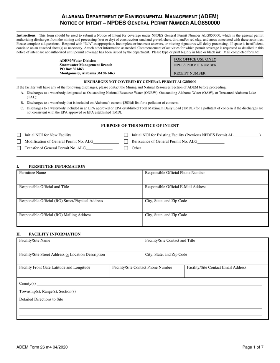 ADEM Form 26 Notice of Intent - Npdes General Permit Number Alg850000 - Alabama, Page 1