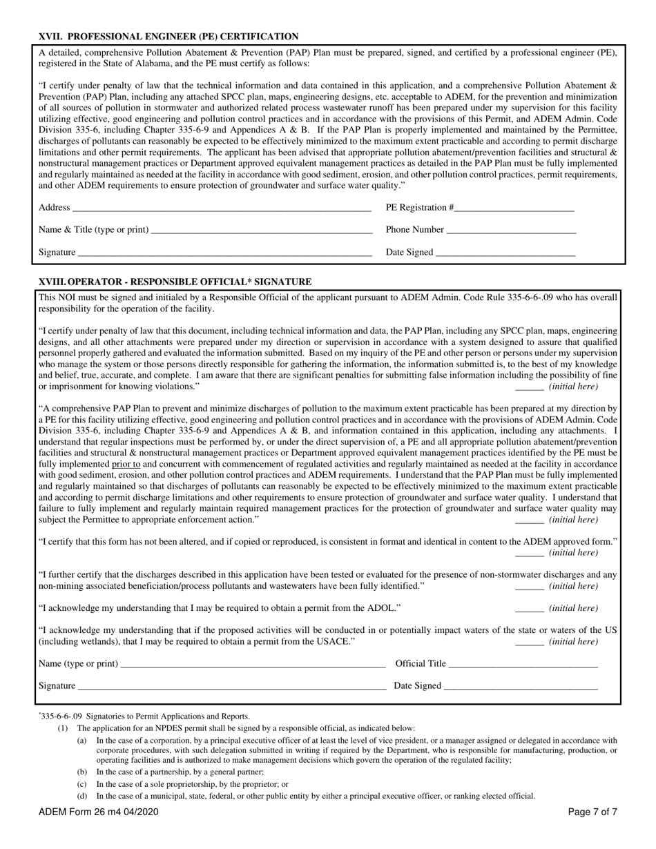 ADEM Form 26 Notice of Intent - Npdes General Permit Number Alg850000 - Alabama, Page 7