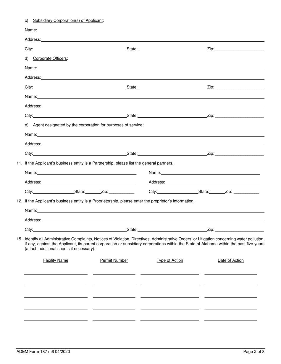 ADEM Form 187 Npdes Individual Permit Application Supplementary Information for Industrial Facilities - Alabama, Page 2