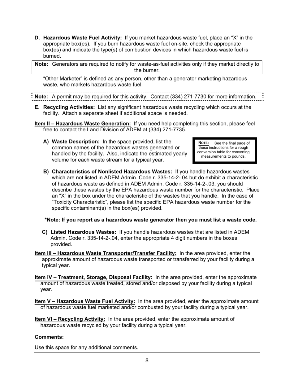 ADEM Form 8700-12 Notification of Regulated Waste Activity - Alabama, Page 21