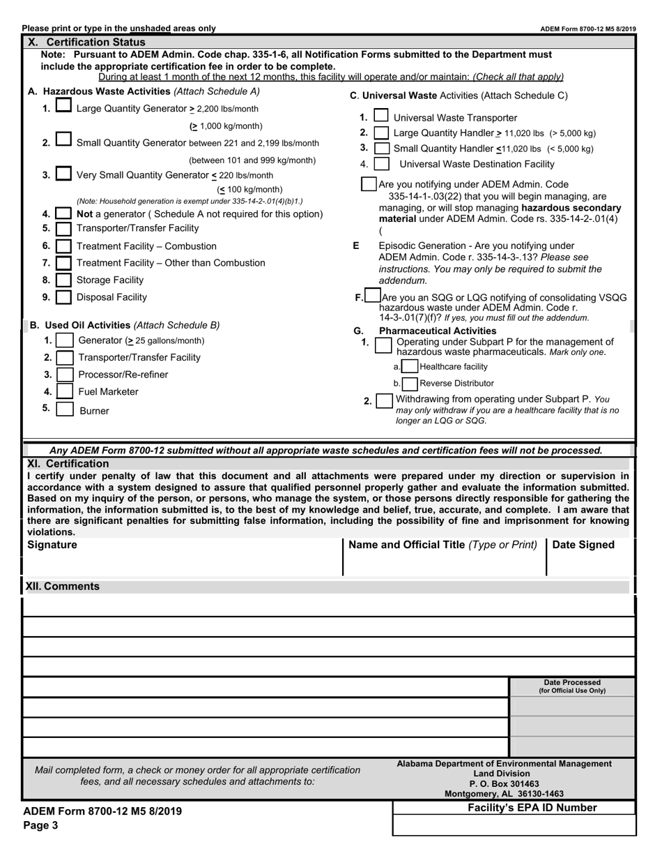 ADEM Form 8700-12 Notification of Regulated Waste Activity - Alabama, Page 3