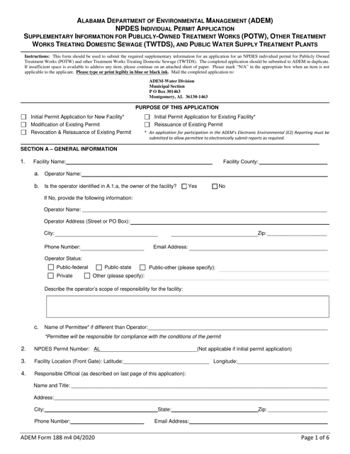 ADEM Form 188 Npdes Individual Permit Application Supplementary Information for Publicly-Owned Treatment Works (Potw), Other Treatment Works Treating Domestic Sewage (Twtds), and Public Water Supply Treatment Plants - Alabama