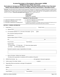 ADEM Form 188 Npdes Individual Permit Application Supplementary Information for Publicly-Owned Treatment Works (Potw), Other Treatment Works Treating Domestic Sewage (Twtds), and Public Water Supply Treatment Plants - Alabama