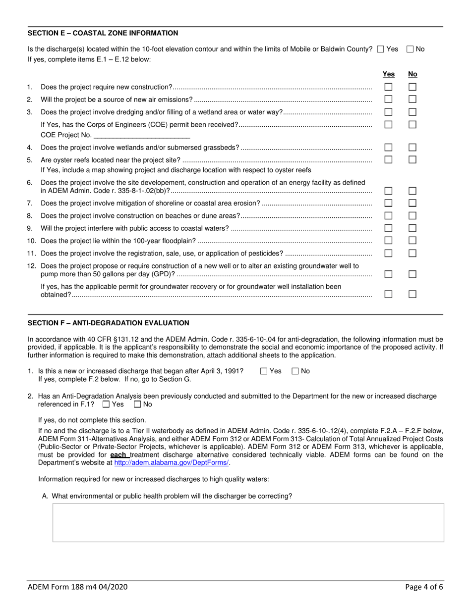 ADEM Form 188 Npdes Individual Permit Application Supplementary Information for Publicly-Owned Treatment Works (Potw), Other Treatment Works Treating Domestic Sewage (Twtds), and Public Water Supply Treatment Plants - Alabama, Page 4