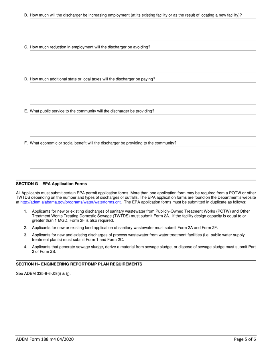 ADEM Form 188 Npdes Individual Permit Application Supplementary Information for Publicly-Owned Treatment Works (Potw), Other Treatment Works Treating Domestic Sewage (Twtds), and Public Water Supply Treatment Plants - Alabama, Page 5