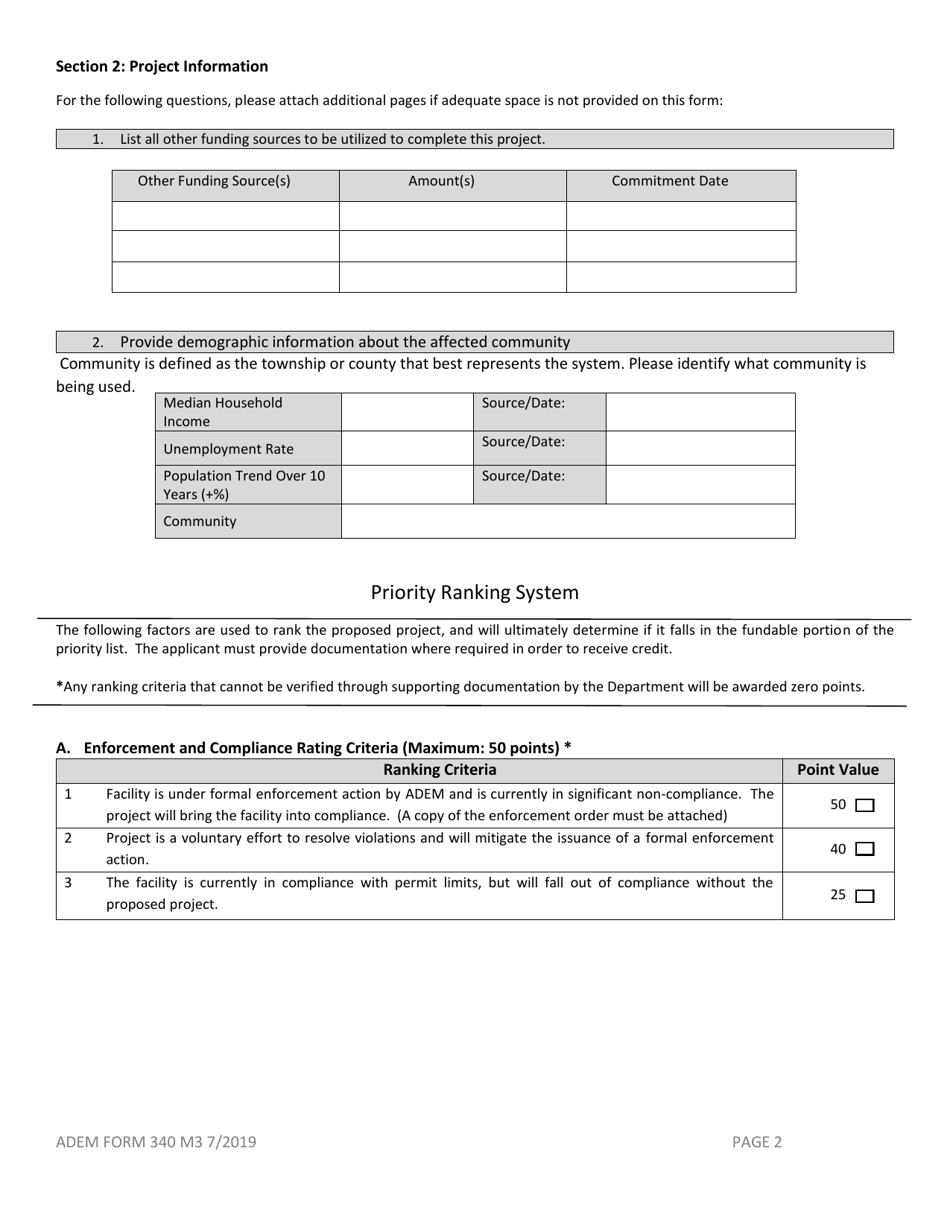 ADEM Form 340 Clean Water State Revolving Fund Preapplication - Alabama, Page 2