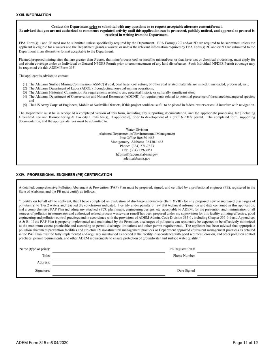 ADEM Form 315 Npdes Individual Permit Application (Mining Operations) - Alabama, Page 11