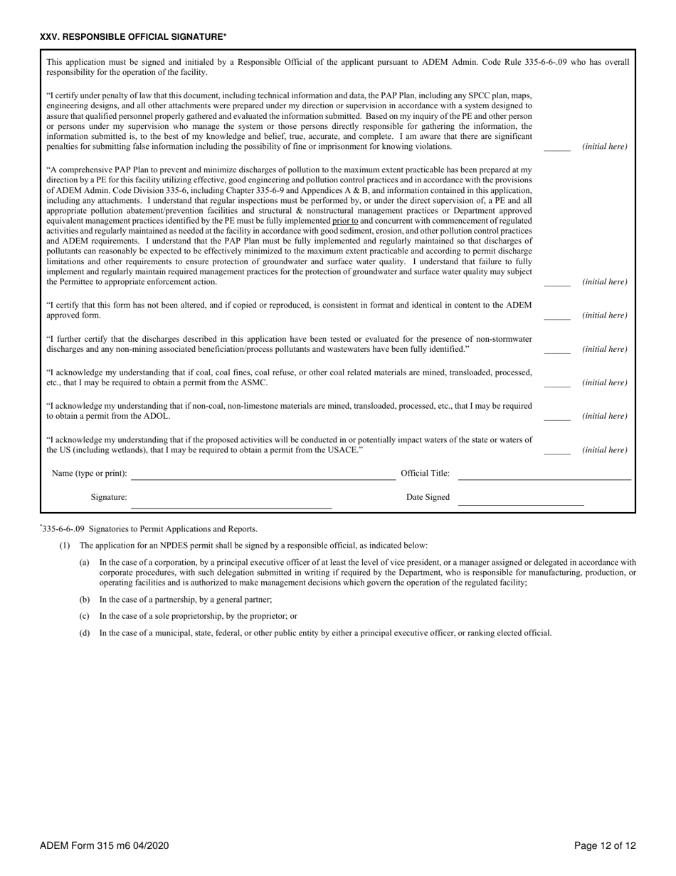 ADEM Form 315 Npdes Individual Permit Application (Mining Operations) - Alabama, Page 12