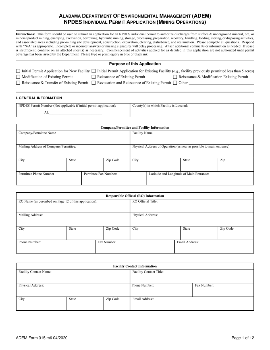 ADEM Form 315 Npdes Individual Permit Application (Mining Operations) - Alabama, Page 1