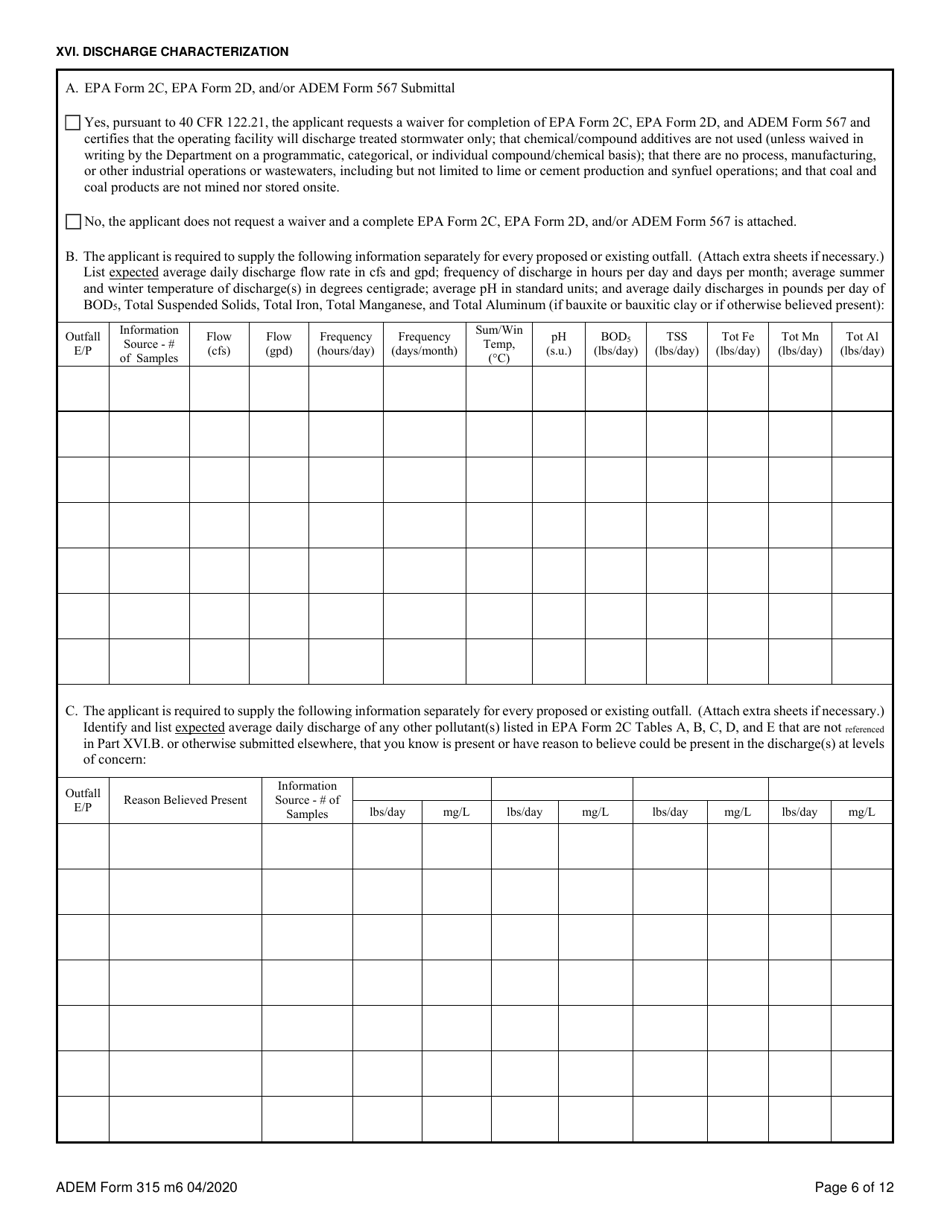 ADEM Form 315 Npdes Individual Permit Application (Mining Operations) - Alabama, Page 6