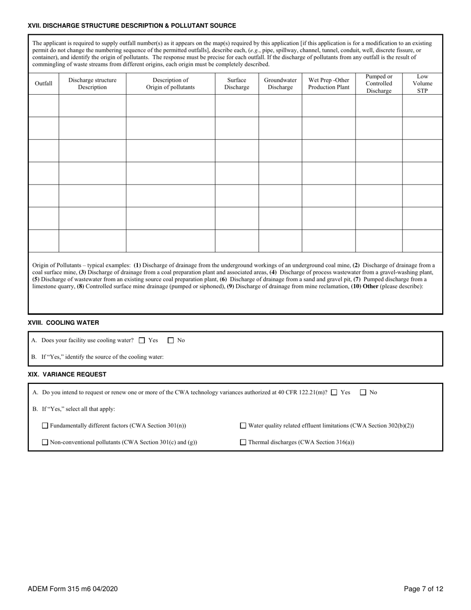 ADEM Form 315 Npdes Individual Permit Application (Mining Operations) - Alabama, Page 7