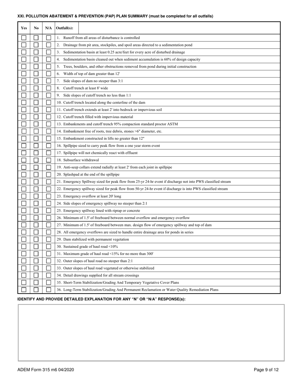 ADEM Form 315 Npdes Individual Permit Application (Mining Operations) - Alabama, Page 9
