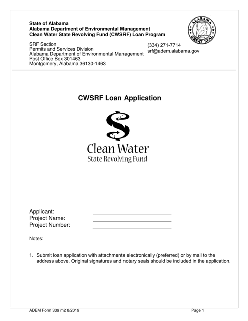 ADEM Form 339 Clean Water State Revolving Fund (Cwsrf) Loan Application Form - Alabama