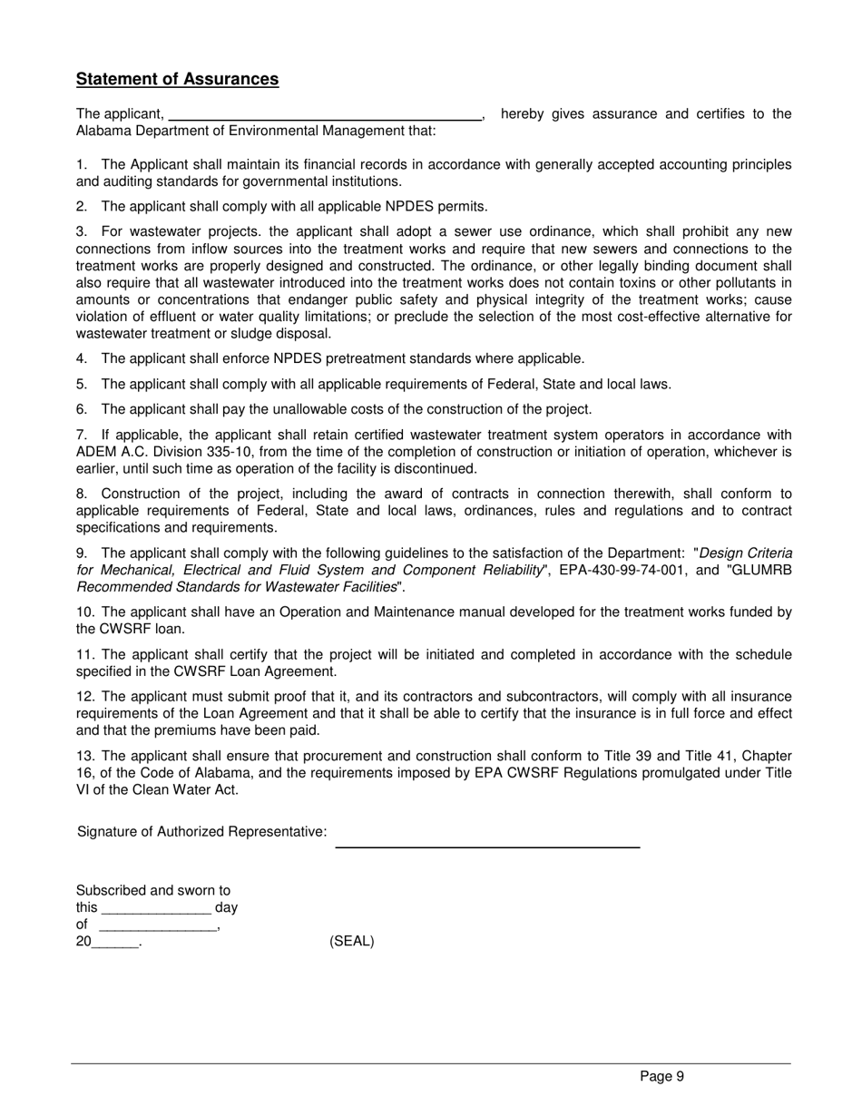 ADEM Form 339 Clean Water State Revolving Fund (Cwsrf) Loan Application Form - Alabama, Page 9