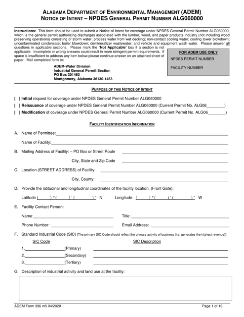 ADEM Form 396 Notice of Intent - Npdes General Permit Number Alg060000 - Alabama