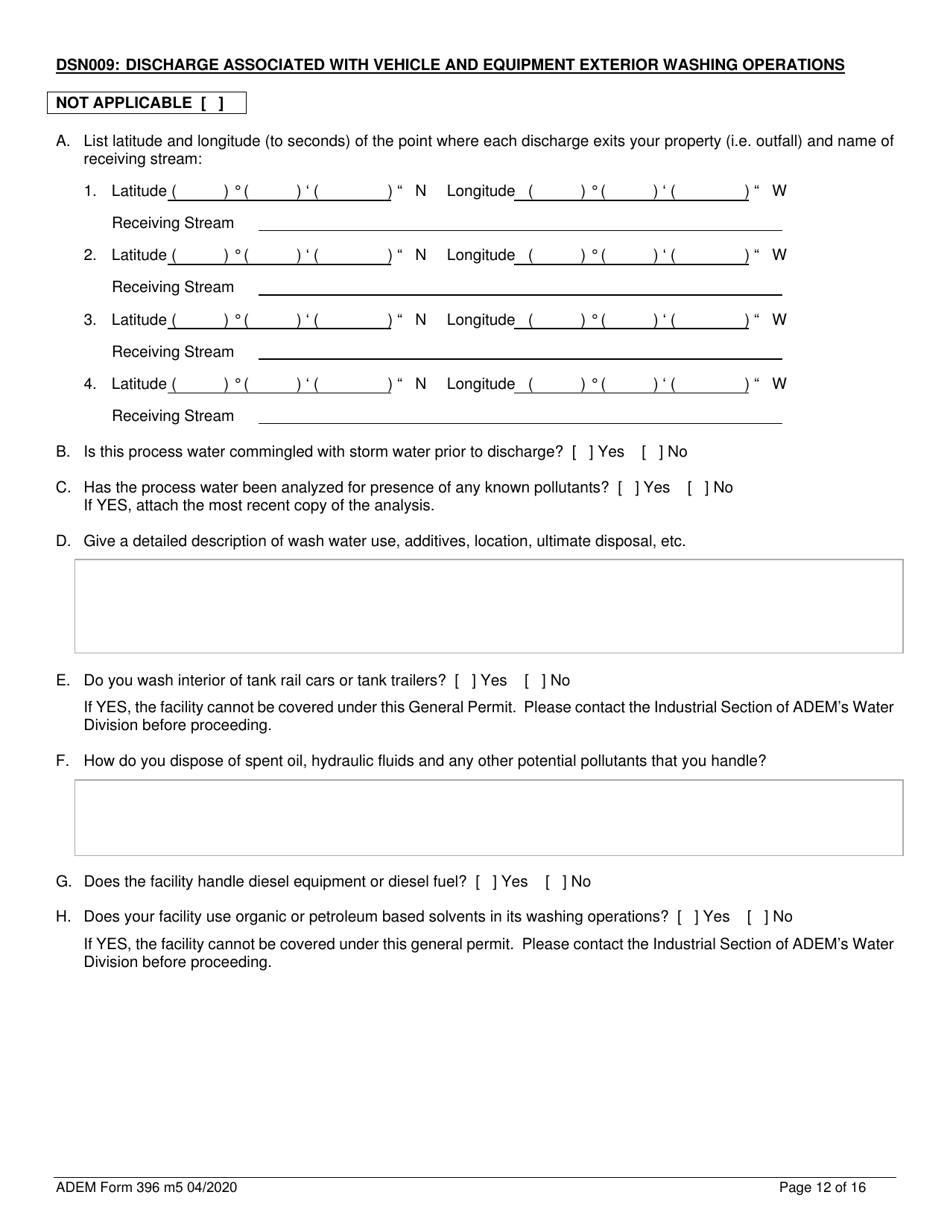 ADEM Form 396 Notice of Intent - Npdes General Permit Number Alg060000 - Alabama, Page 12