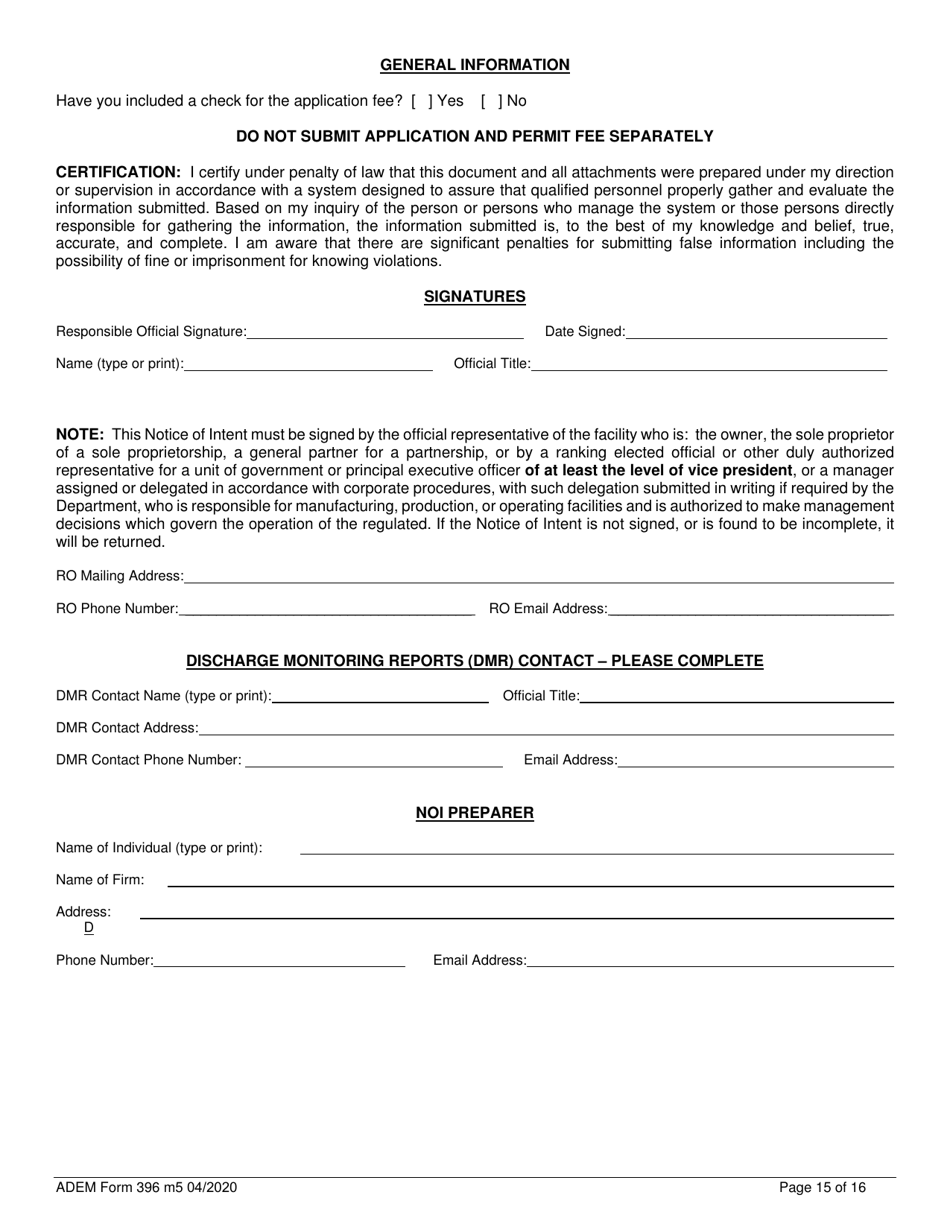ADEM Form 396 Notice of Intent - Npdes General Permit Number Alg060000 - Alabama, Page 15