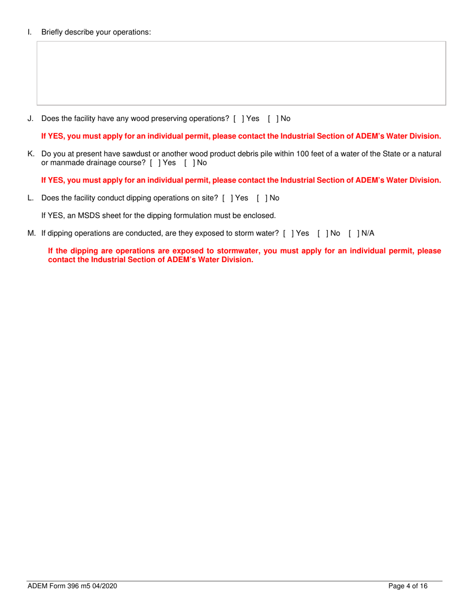 ADEM Form 396 Notice of Intent - Npdes General Permit Number Alg060000 - Alabama, Page 4