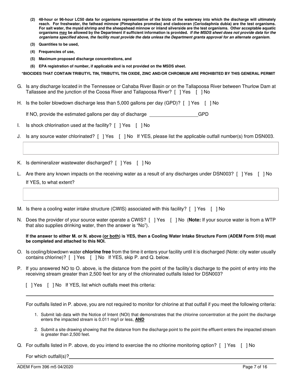 ADEM Form 396 Notice of Intent - Npdes General Permit Number Alg060000 - Alabama, Page 7