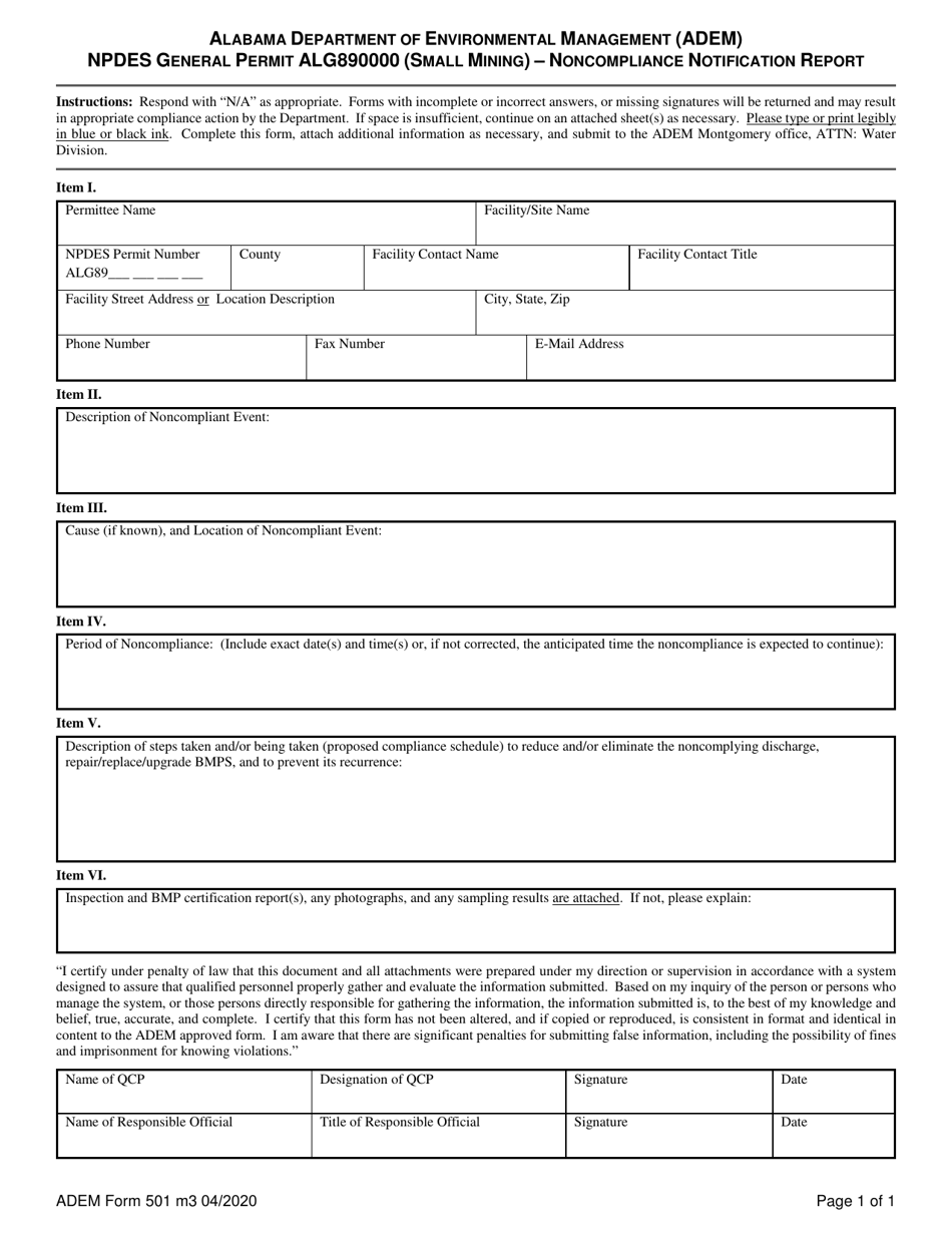 ADEM Form 501 Npdes General Permit Alg890000 (Small Mining) - Noncompliance Notification Report - Alabama, Page 1