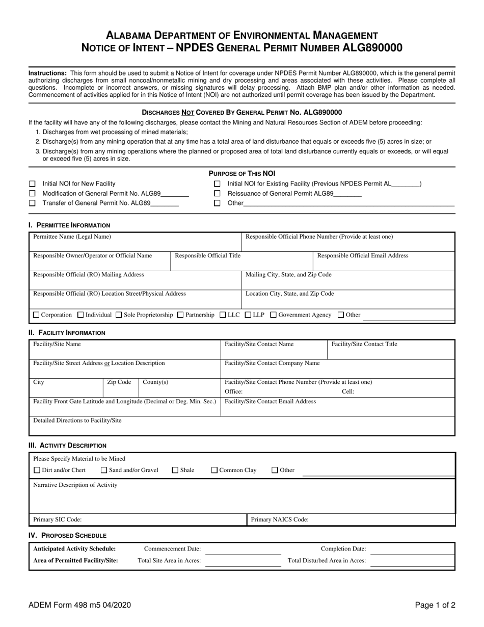 ADEM Form 498 Notice of Intent - Npdes General Permit Number Alg890000 - Alabama, Page 1