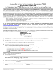 Document preview: ADEM Form 555 No Exposure Certification for Exclusion From Npdes Stormwater Permitting for Industrial Activities - Alabama