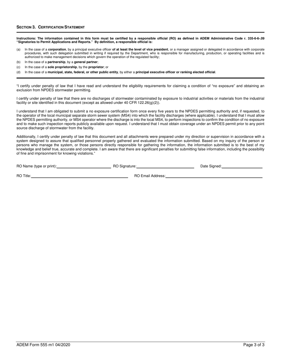 ADEM Form 555 No Exposure Certification for Exclusion From Npdes Stormwater Permitting for Industrial Activities - Alabama, Page 3
