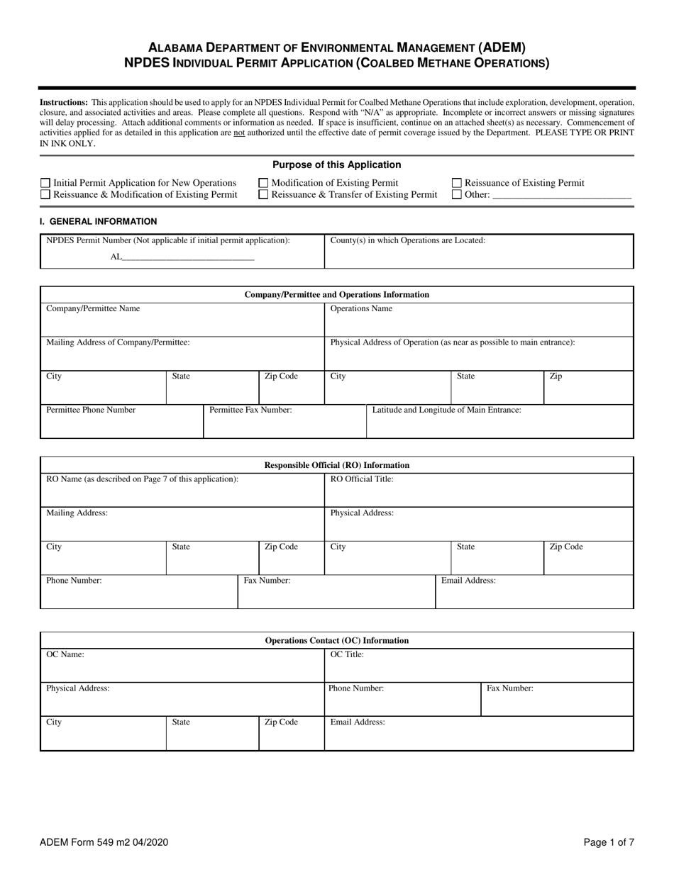 ADEM Form 549 Npdes Individual Permit Application (Coalbed Methane Operations) - Alabama, Page 1