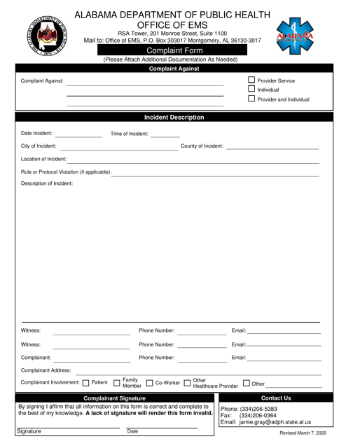 Office of EMS Complaint Form - Alabama Download Pdf