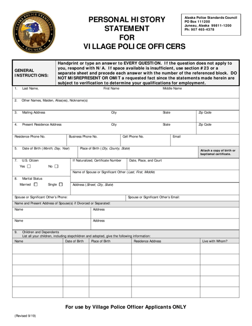 Form F-3V Personal History Statement for Village Police Officers - Alaska