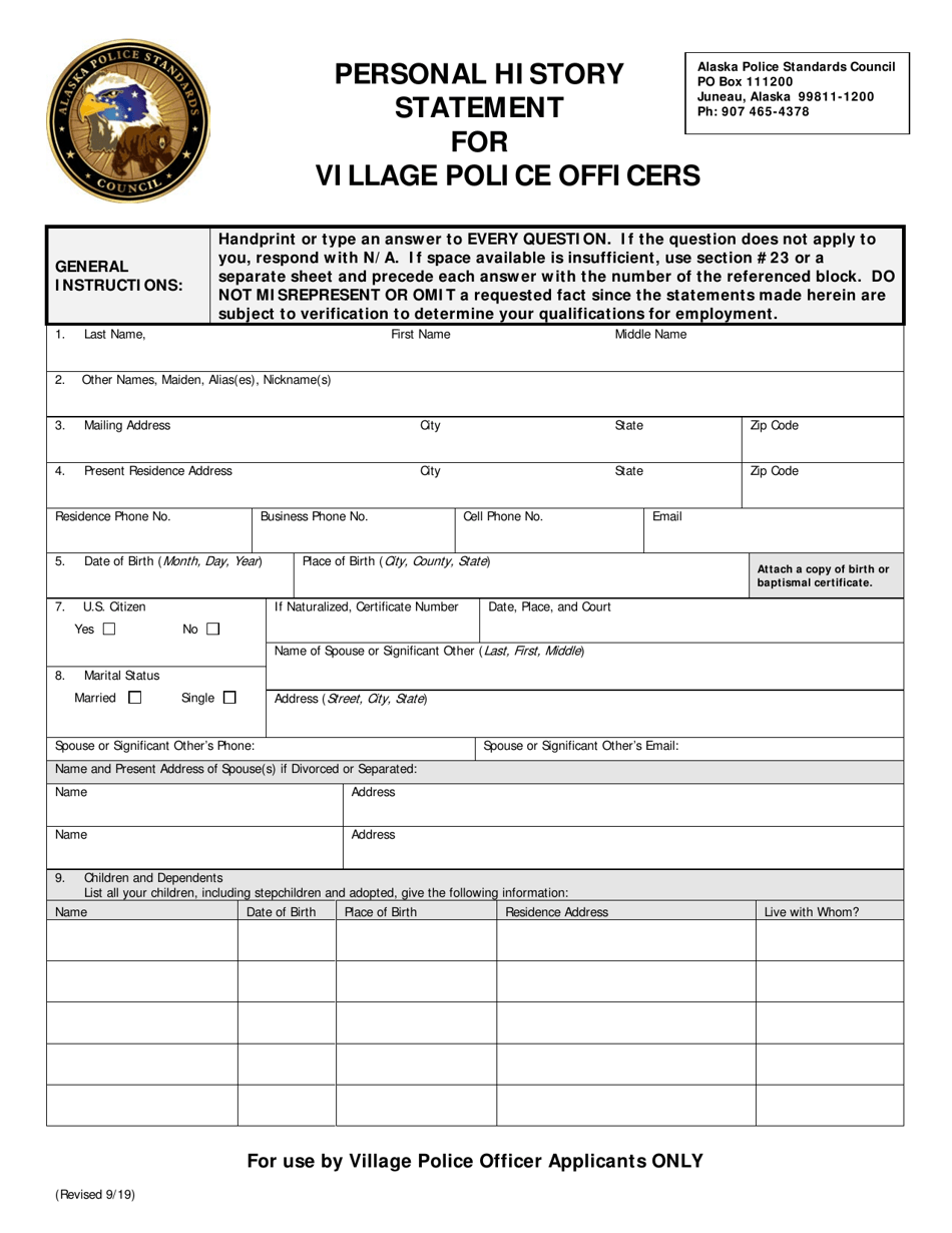 Form F-3V Personal History Statement for Village Police Officers - Alaska, Page 1