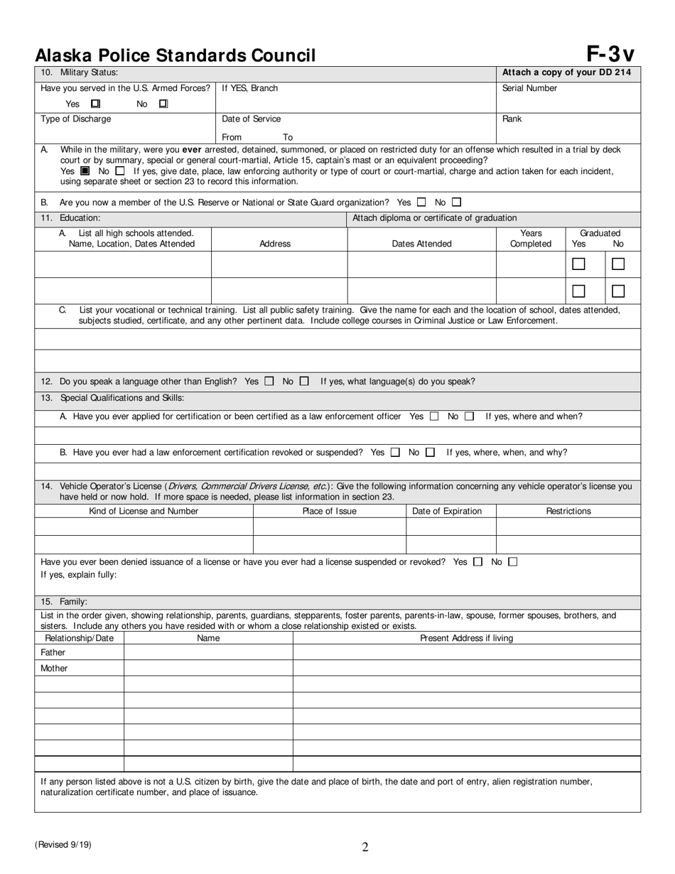 Form F-3V Personal History Statement for Village Police Officers - Alaska, Page 2