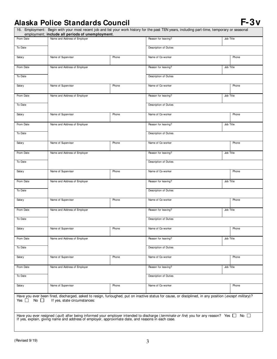 Form F-3V Personal History Statement for Village Police Officers - Alaska, Page 3