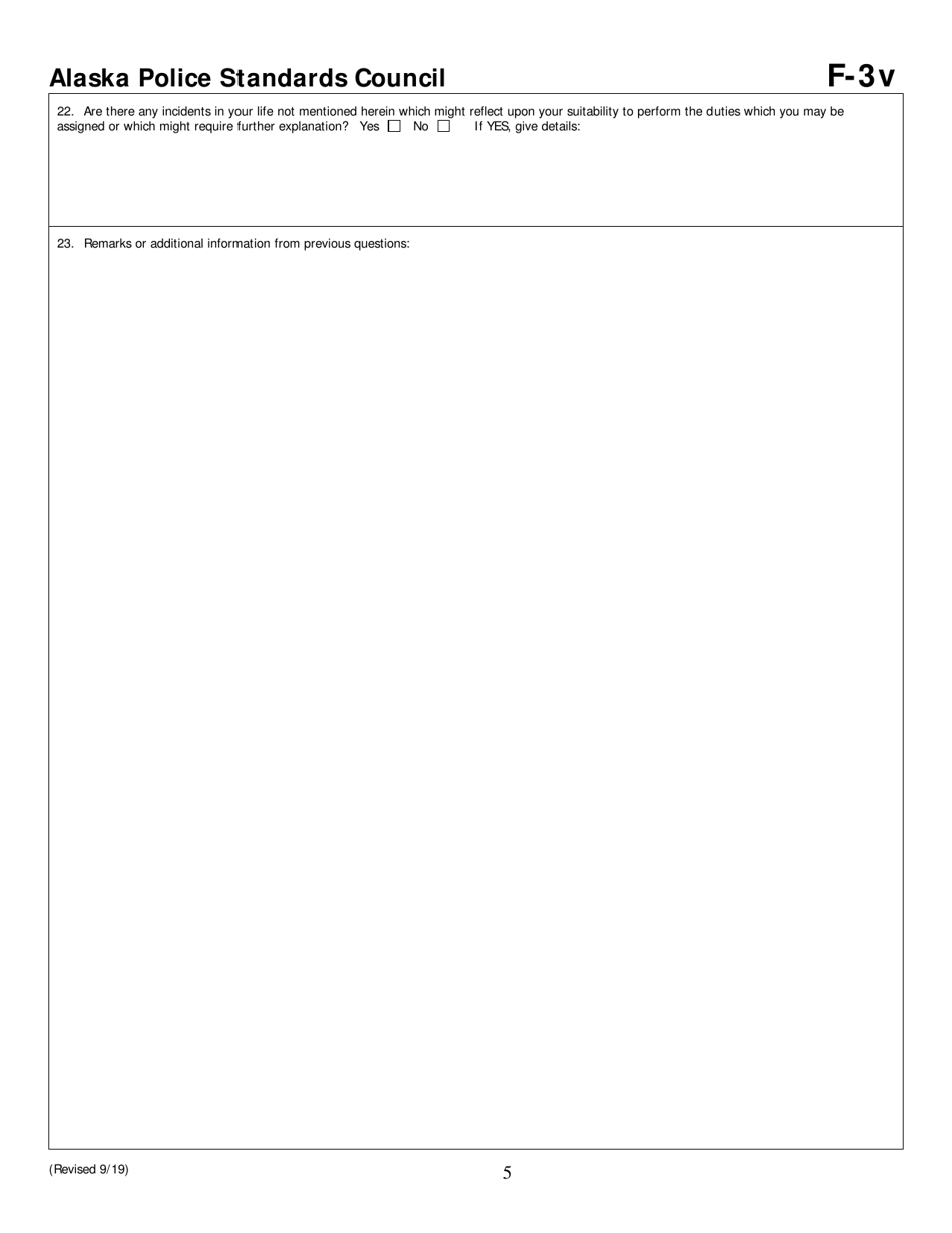 Form F-3V Personal History Statement for Village Police Officers - Alaska, Page 5