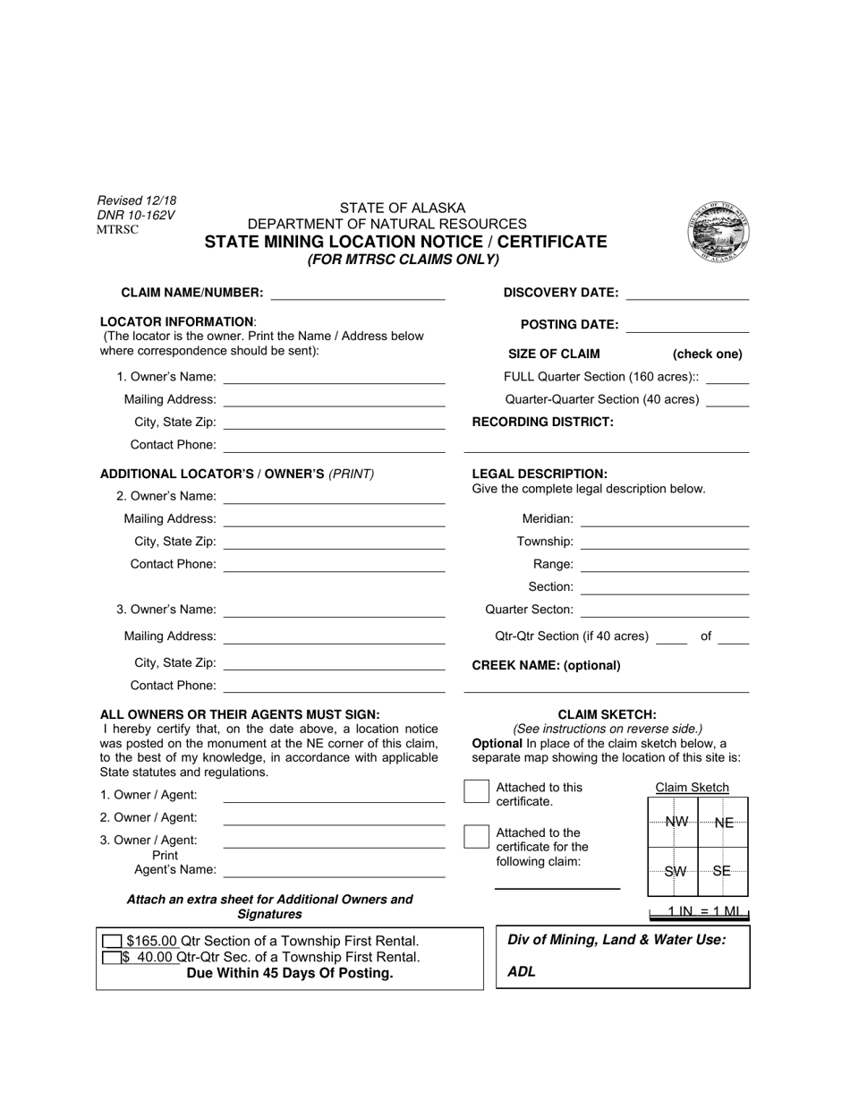 Form DNR10-162V State Mining Location Notice / Certificate (For Mtrsc Claims Only) - Alaska, Page 1