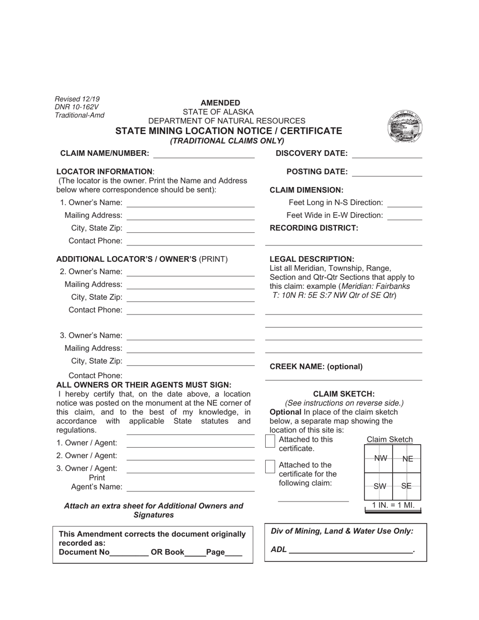 Form DNR10-162V State Mining Location Notice / Certificate (Traditional Claims Only) - Alaska, Page 1