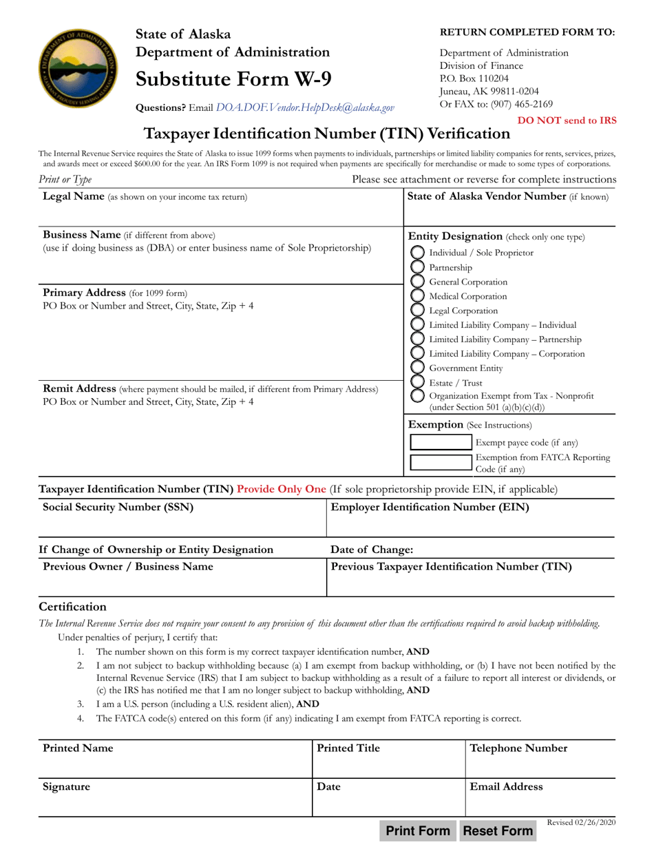 Form W-9 Taxpayer Identification Number (Tin) Verification - Alaska, Page 1