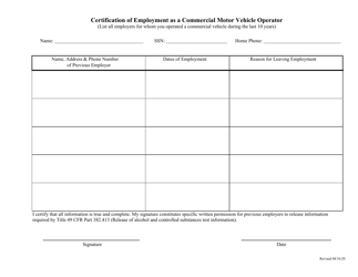 Certification of Employment as a Commercial Motor Vehicle Operator - Alaska