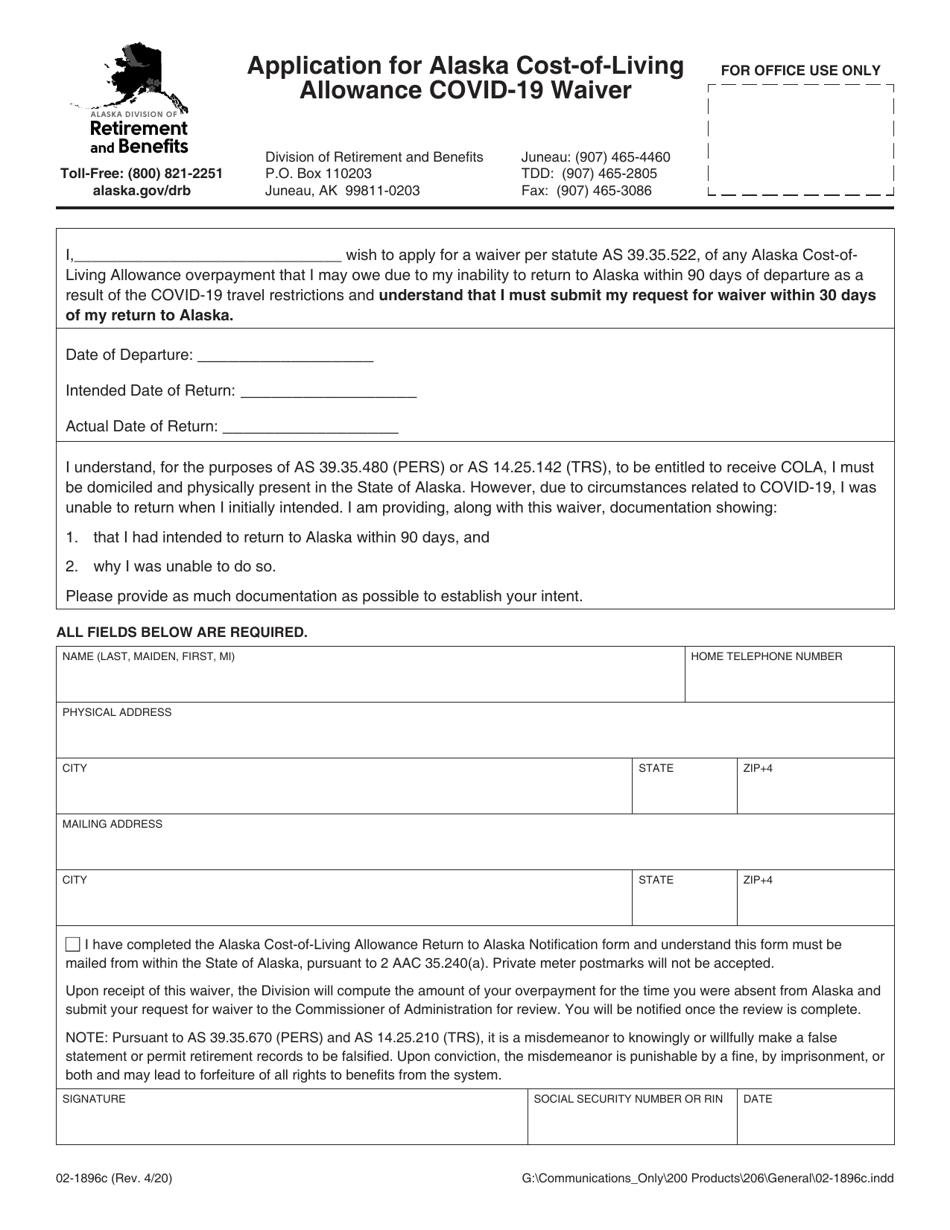 Form 02-1896C Application for Alaska Cost-Of-Living Allowance Covid-19 Waiver - Alaska, Page 1