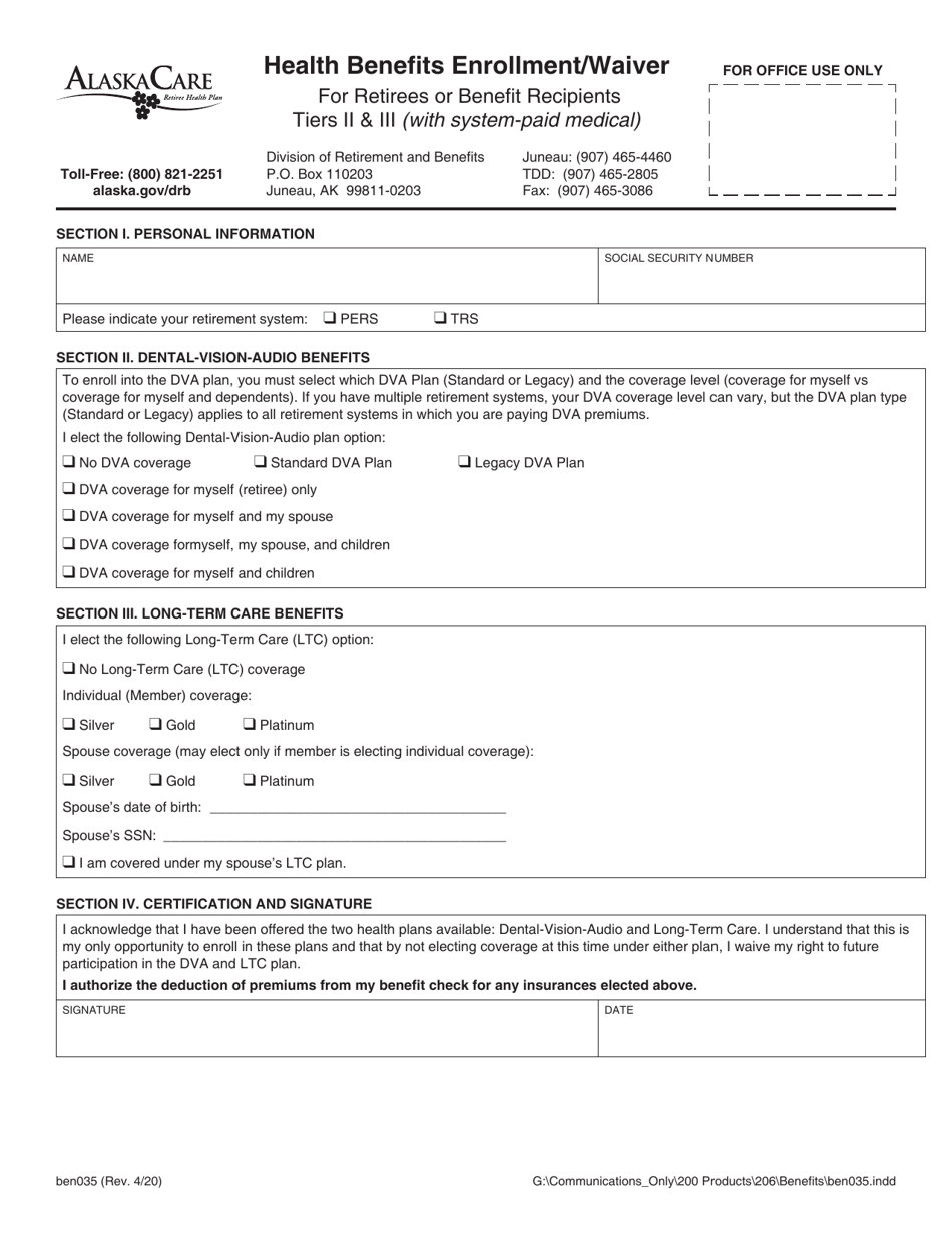 Form BEN035 Health Benefits Enrollment / Waiver for Retirees or Benefit Recipients Tiers II  Iii (With System-Paid Medical) - Alaska, Page 1