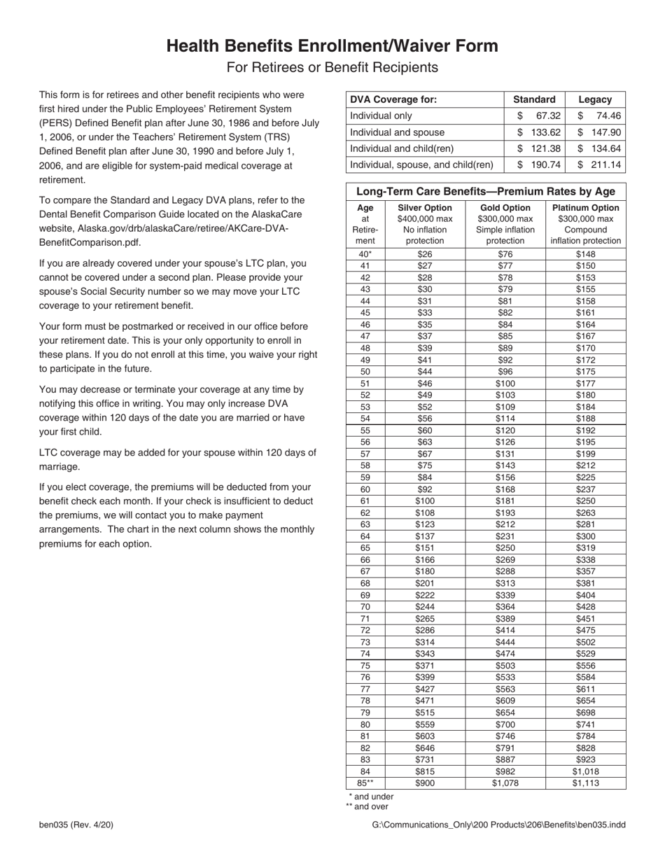 Form BEN035 Health Benefits Enrollment / Waiver for Retirees or Benefit Recipients Tiers II  Iii (With System-Paid Medical) - Alaska, Page 2