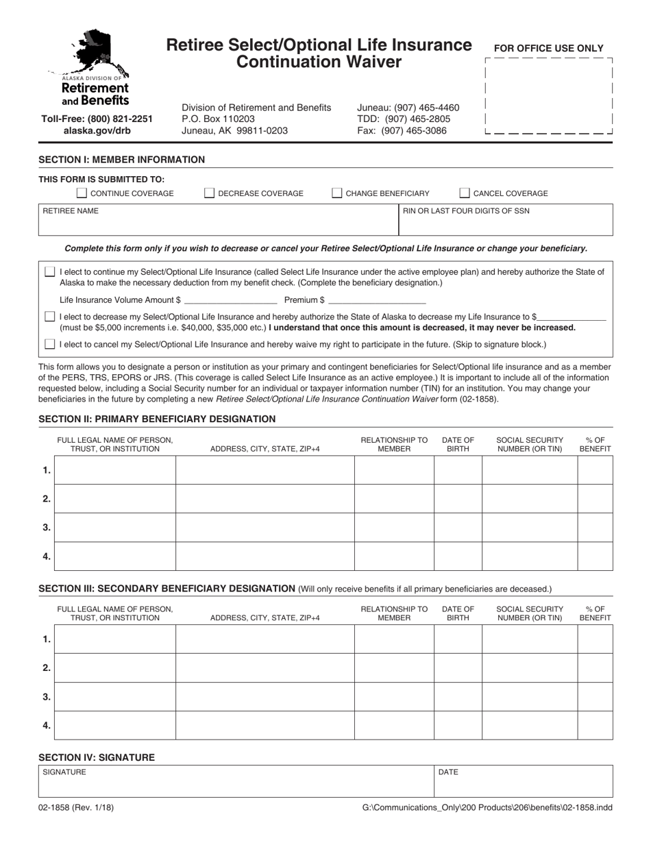 Form 02-1858 Retiree Select / Optional Life Insurance Continuation Waiver - Alaska, Page 1