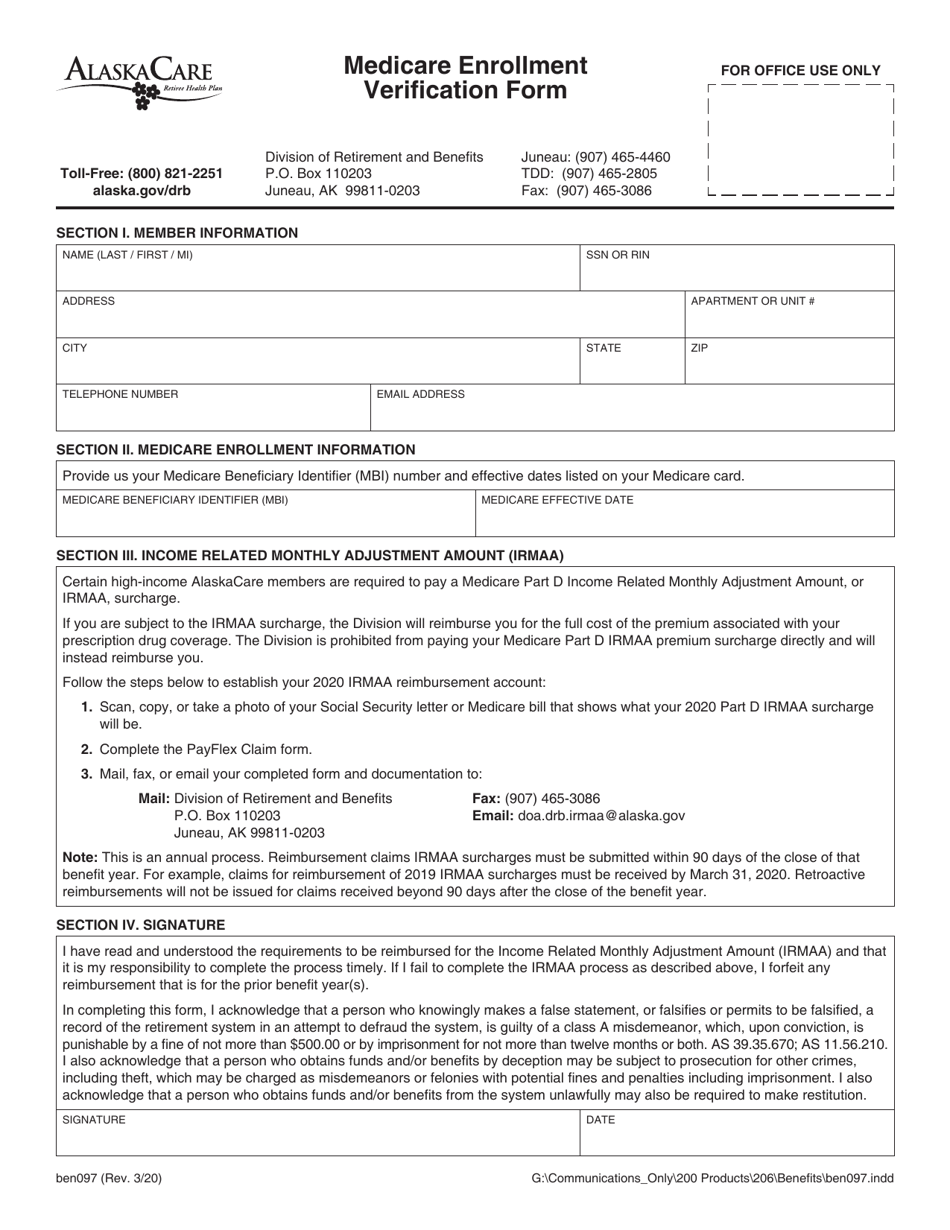 Form BEN097 Medicare Enrollment Verification Form - Alaska, Page 1