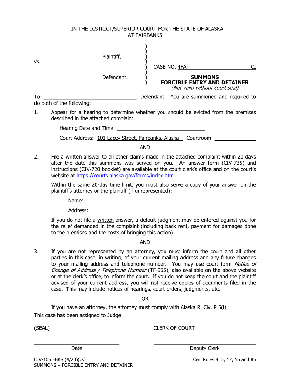 Form CIV-105 Summons Forcible Entry and Detainer - Fairbanks, Alaska, Page 1